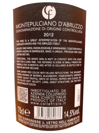 thông tin chai CF Montepulciano D'Abruzzo 2012