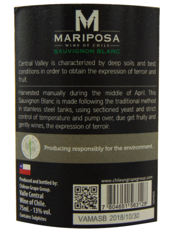 Thông tin rượu vang Mariposa Sauvignon Blanc